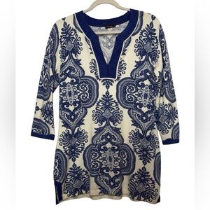 J. McLaughlin Blue White Paisley Tunic Women’s Resort Wear Grandmother Chic Med
